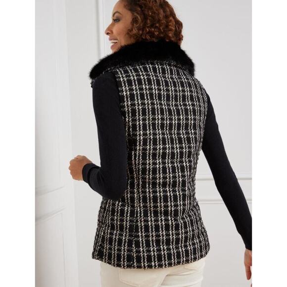 Talbots Faux Fur Collar Down Puffer Vest Size M Petite Plaid Tweed Black White - Picture 2 of 13